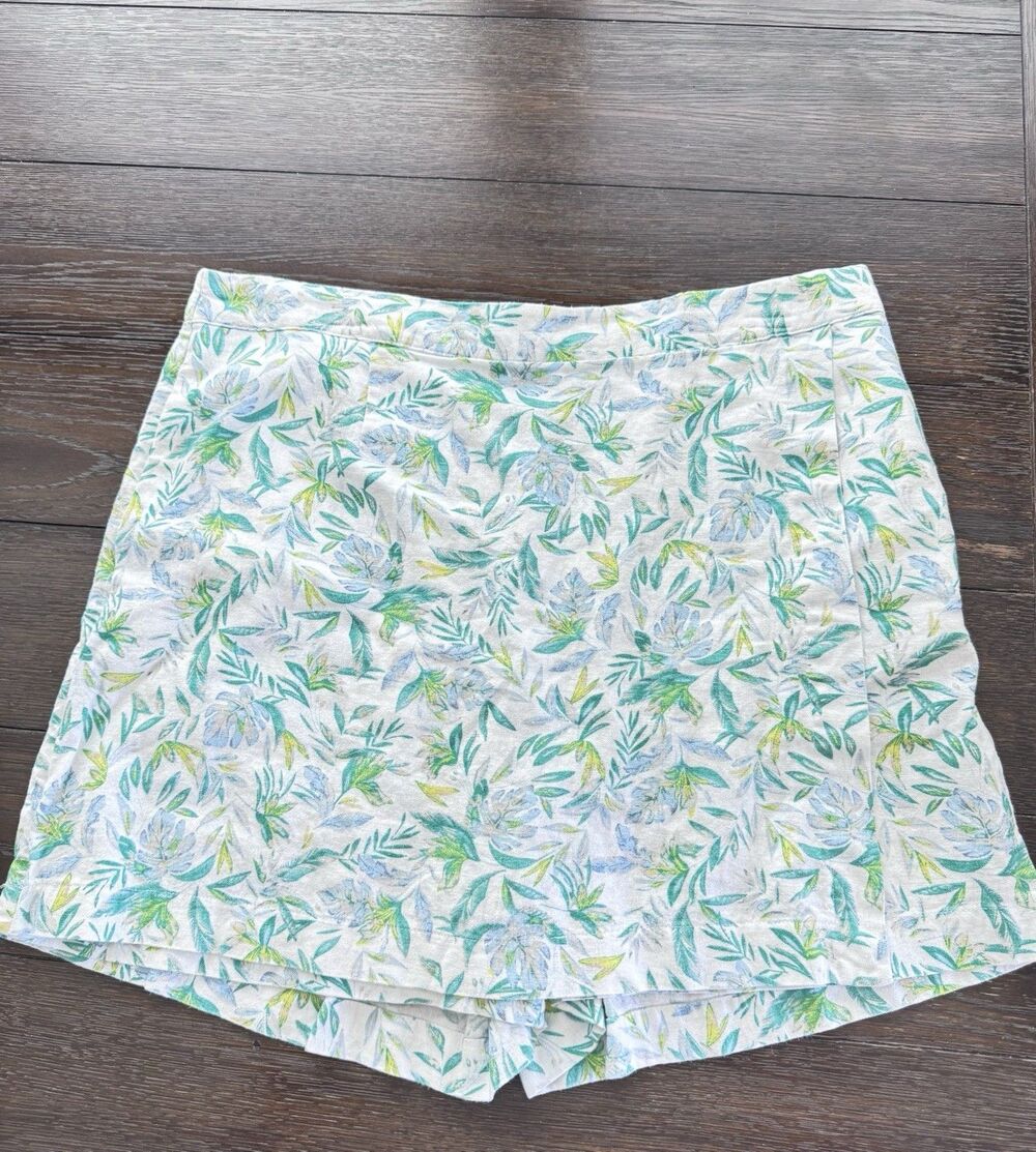 Ellen Tracy Women's L Tropical Floral Linen Blend Pull On Mid Rise Pocket Shorts
